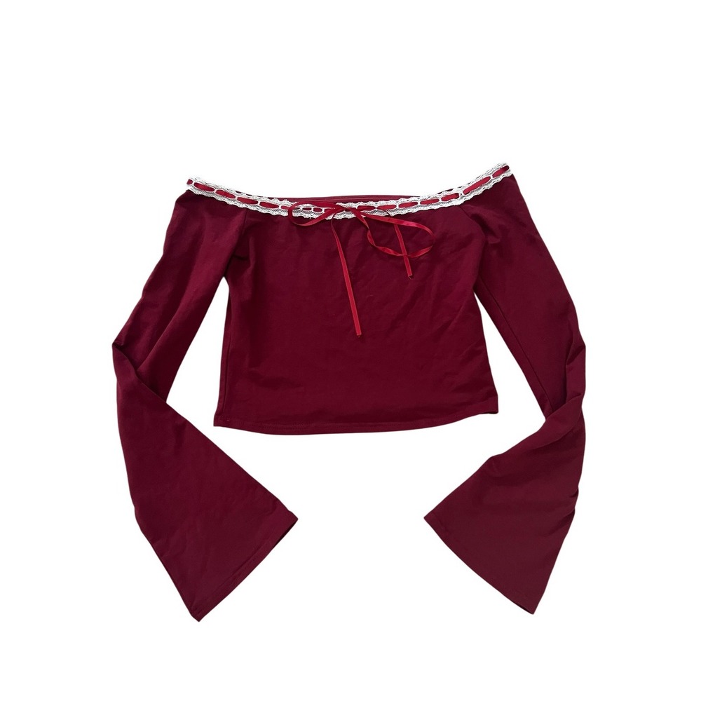 Edikted Seline Ribbon Trim Off Shoulder Burgundy Crop Top Coquette Y2K Size M